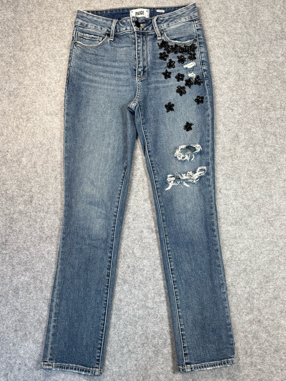 PAIGE Jacqueline Blue Straight Leg Jeans Black Floral Beaded Embellishment 25